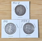 90% Silver Half Dollars 1912-D Barber 1945 Walking Liberty 1958-D Franklin Coins