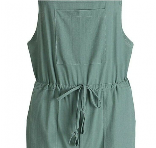Ladies Womens Cotton Linen Dungarees Overalls Tie-waist Pockets Solid Jumpsuit - Picture 4 of 26