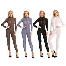 Smooth Sheer Long Sleeve Crotchless Jumpsuit Bodystocking Lingerie Adult Women