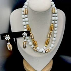 Miriam Haskell Signed Necklace Earrings MilkGlass Beads Goldtone Barrel Stations