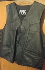 SWEET  FMC Black Leather Lined Snap Motorcycle Biker Vest Pockets MENS 46     