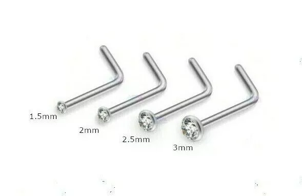 Nose Stud Stainless Steel Clear Gem Nostril Pin Straight L-Shape Bar  Piercing