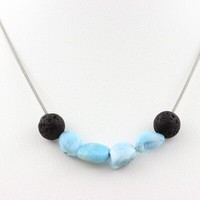 Halskette Perlen Larimar Von Republik Dominikanische + Lava 8 Mm. Kette Fe