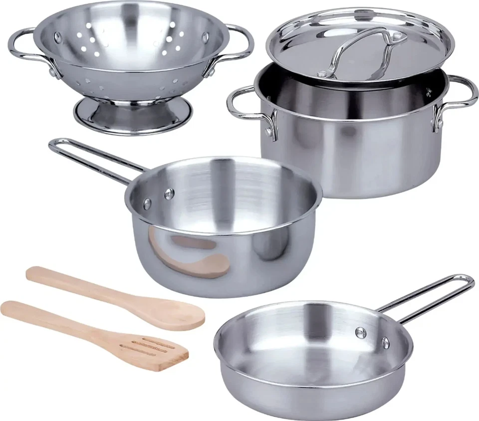 Melissa & Doug - ¡Juguemos a casa! Juego de ollas y sartenes de acero inoxidable para cocina Foto 4 de 4