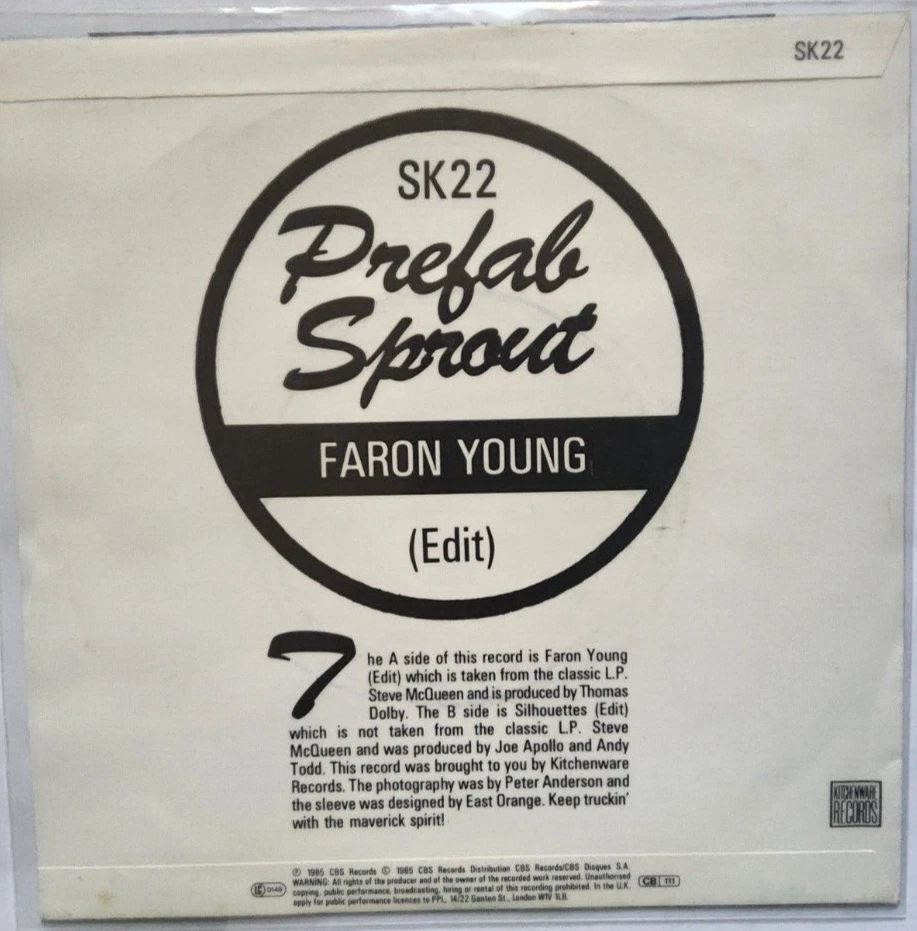 Prefab Sprout – Faron Young (Edit) 7" single vinyl record + picture sleeve - Image 3 of 4