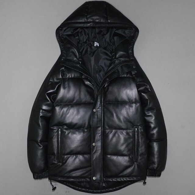Men's Black Lambskin Leather Hooded Quilted Down Puffer Jacket
