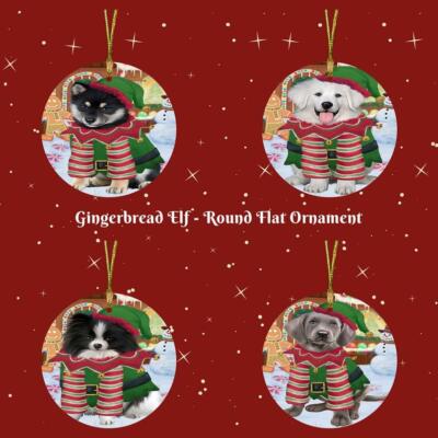 Gingerbread Elf Dog Cat Round Flat Christmas Tree Ornament Gift Decor
