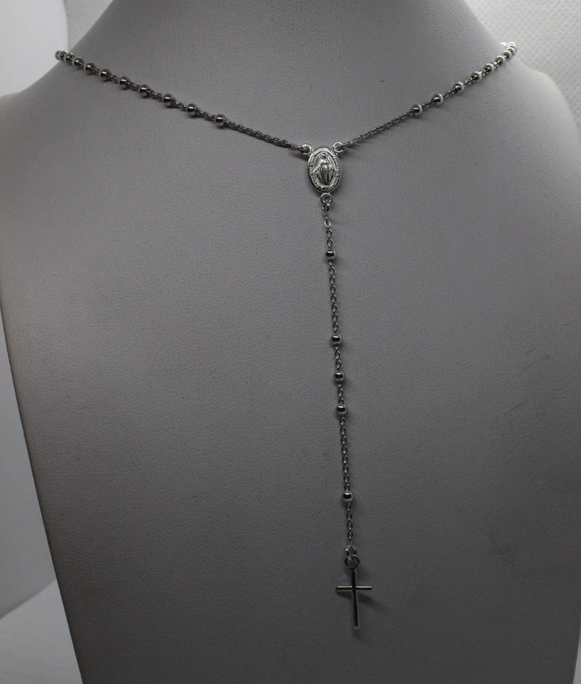 Rosario Collana Argento UNISEX GRANI LISCI MM 2,5 CROCE MADONNA CM 50 Y EXPLOIT - Immagine 3 di 4
