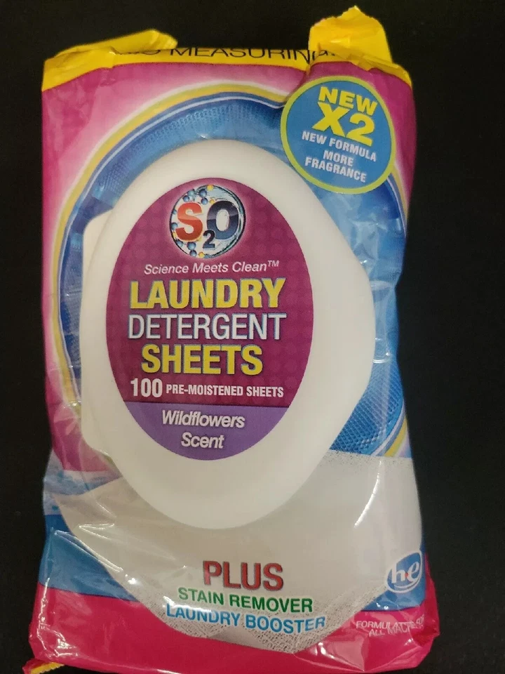 S2O Laundry Detergent Sheets Plus Stain Remover Booster, Wildflower, 100 Ct New