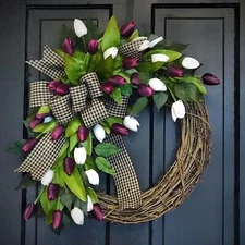Artificial Spring Tulip Wreath Pink White - Mothers Day Front Door Decor Wedding