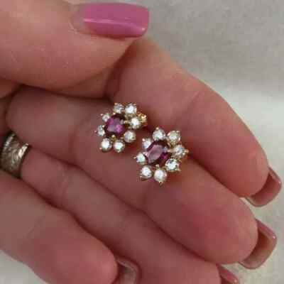 2Ct Oval Cut Halo Lab Created Red Ruby Stud Earrings 14k Yellow Gold Plated