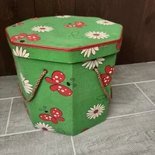 Vtg Hexagon Sewing Storage Box  Container Travel Organize Daisy Butterflies