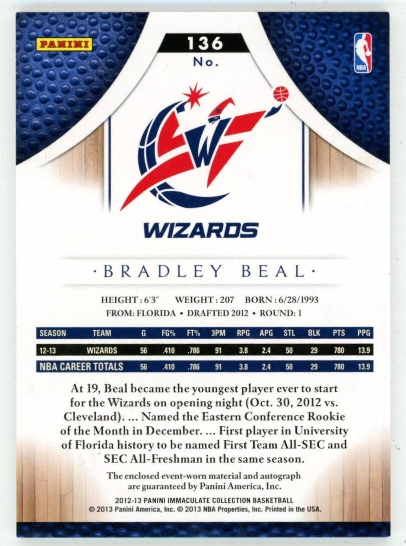 2012-13 Panini Immaculate Bradley Beal Rookie Card RC Auto Patch /99 RPA NBA view 2