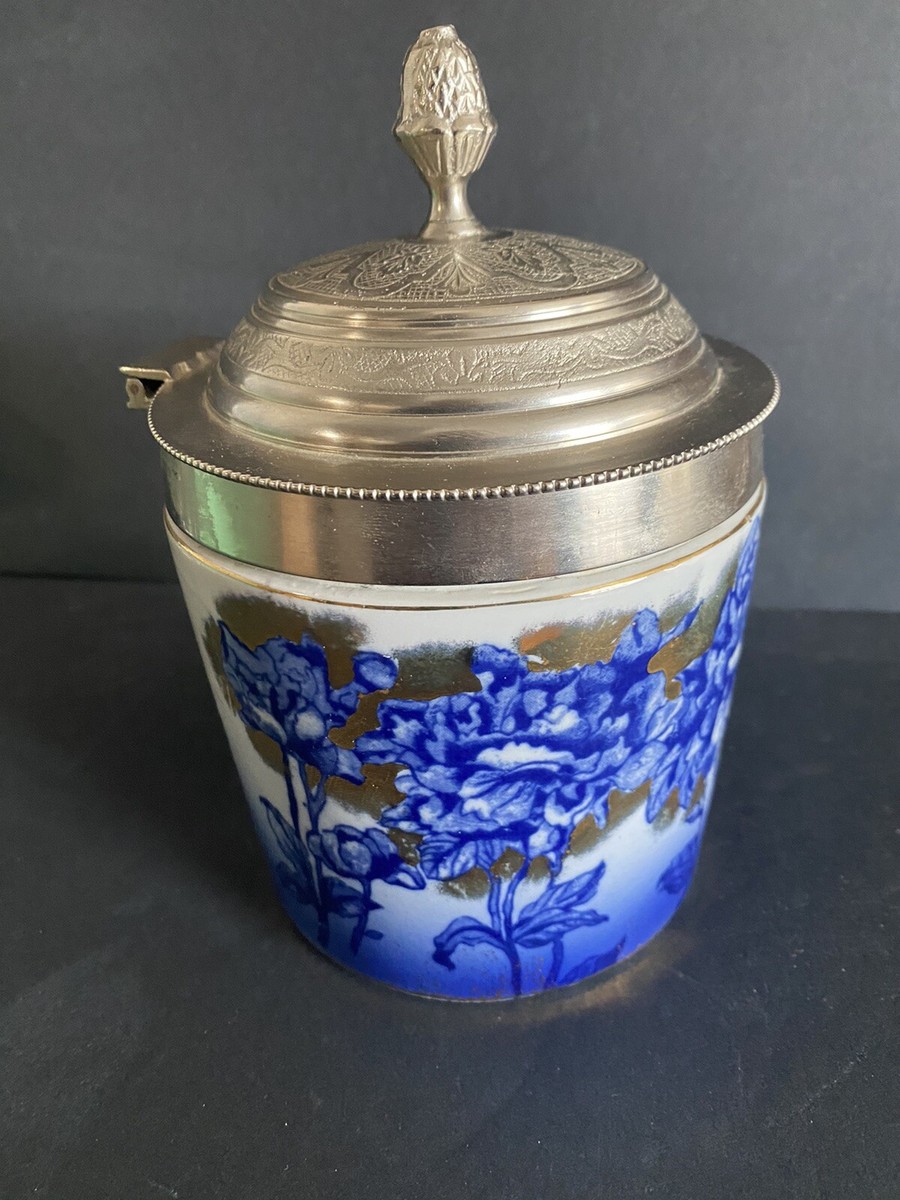 アンティークビスケットジャー Antique Royal Doulton Biscuit Jar ~ Blue Gold Flowers w/ Pewter
