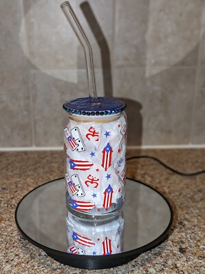 Puerto Rican Glass Tumbler 16 oz With bamboo lid And straw