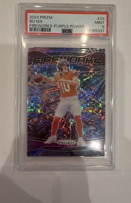 2024 Panini Prizm - Fireworks Bo Nix #23 Purple Power Prizm /49 (RC)