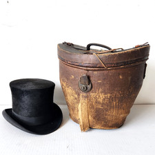 Antique Silk Plush Top Hat  Original Leather Travel Case Victorian/Edwardian