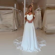 A-line Off Shoulder Wedding Dresses Sleeveless Satin Bridal Dress Bride Gown