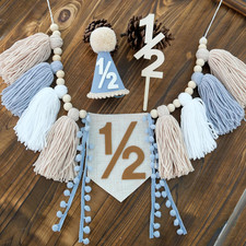 Half Birthday Boy Decorations Blue 1/2 Birthday High Chair Banner with Cone Hat