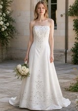 DaVinci Ivory Satin Wedding Dress 12 Silver Embroidery Beads Train #F8155 NWT