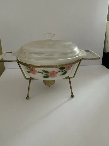 Vintage Floral Glass Casserole Dish With Candle Warmer Stand