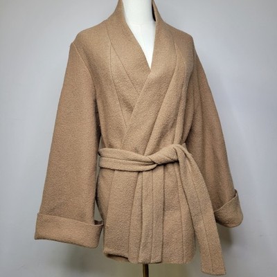 ZARA Woman Studio 100% Wool Coatigan Jacket M Camel Belted Open Front Minimalist