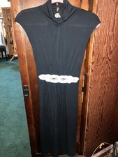 Womens Black Sleeveless Soft/Stretchy Long Dress, Pearls/Sequins Waist, Tie Back