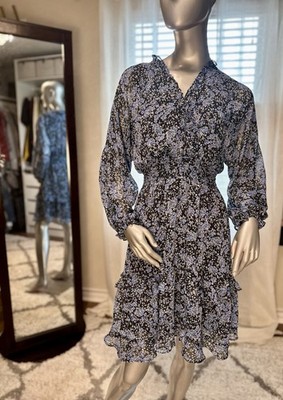 Emma & Michele Midi Dress Floral Long Sleeve Ruffle M Fit & Flare Blue Chiffon