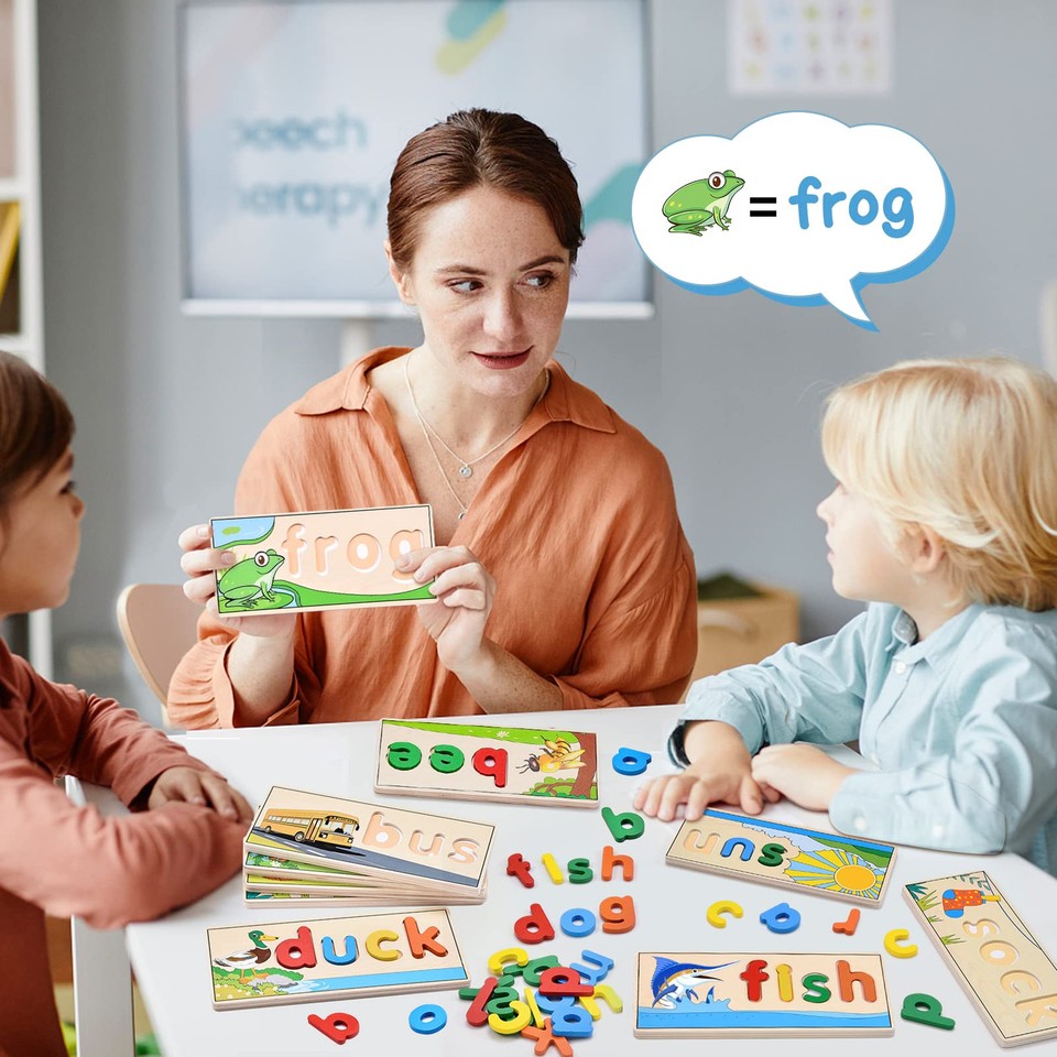 Montessori Wooden Spelling Game For Kids 2-5 | CVC Word Builder With Letters & Flash Cards