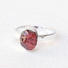 Hammered Silver Ring Wide Band Silver Ring Natural Raw Garnet Birthstone-RR270