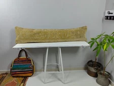 12x48 Beige Kilim Lumbar Pillow, Turkish Wool Bolster, Rustic Farmhouse Decor