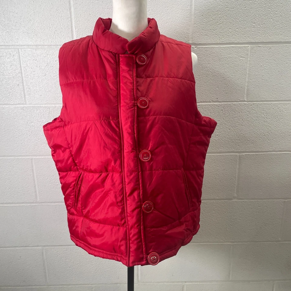 Studio Works Puffer Vest Jackets Women's XL Red Full Zip Button-Up Mock Neck - Image 2 of 4