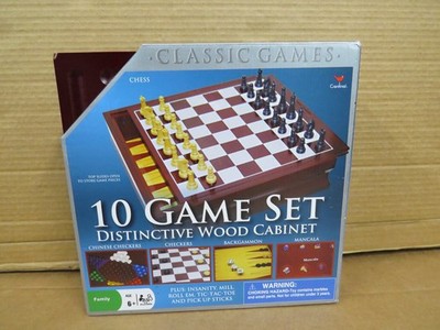 Cardinal 10 Game Set Distinctive Wood Cabinet Chess Checkers Backgammon Ages 6+