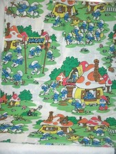 Vintage Smurfs Village Twin Flat Bed Sheet --Lawtex Label--Unfinished bottom