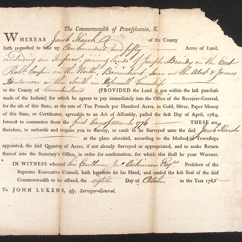 1785 Edward Lynch Signed Order to Survey 150 acres Cumberland County PA