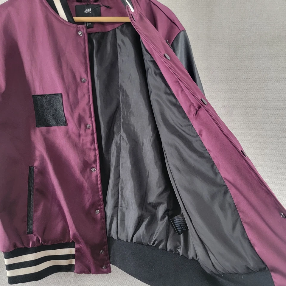 The Weekend x H&M Mens Satin Varsity Jacket Size Large Burgundy Patch Bomber - Image 3 of 4