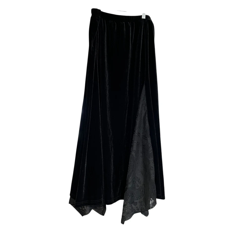 Maxi Falda Boho Gothic Festival 2XL Terciopelo Negro Terciopelo Poco Convencional Borde de Encaje Foto 2 de 4