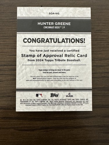 2024 Topps Tribute - Stamp of Approval Relics Hunter Greene #SOA-HG Blue 15/150 - Bild 2 von 2