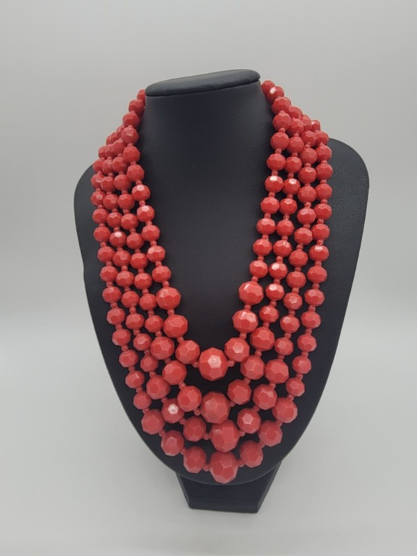 Vintage Hong Kong Red Plastic Faceted Beaded 4 Strand Necklace