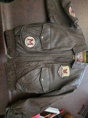 Disney Mickey Mouse World Explorer Brown Leather Jacket Adult Size