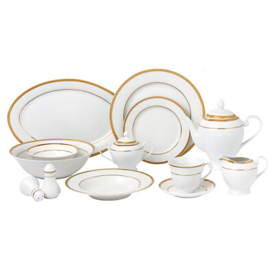 Elegant 57 Pieces Porcelain Dinnerware Set for 8 People - Josephine, Gold Border