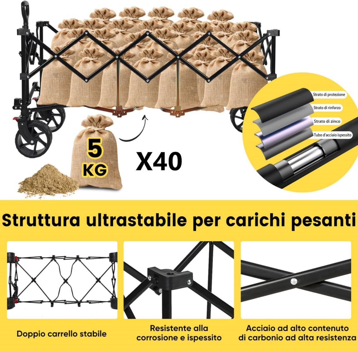 Carrello Pieghevole Overmont 300L - Carrello Spiaggia E Giardino Con Ruote All-Terrain, Portata 200kg - Foto 8