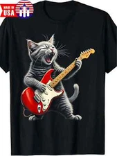 Men's Retro Rock Star Cat Playing Guitar Graphic T-Shirt - Soft Cotton, Short Sl