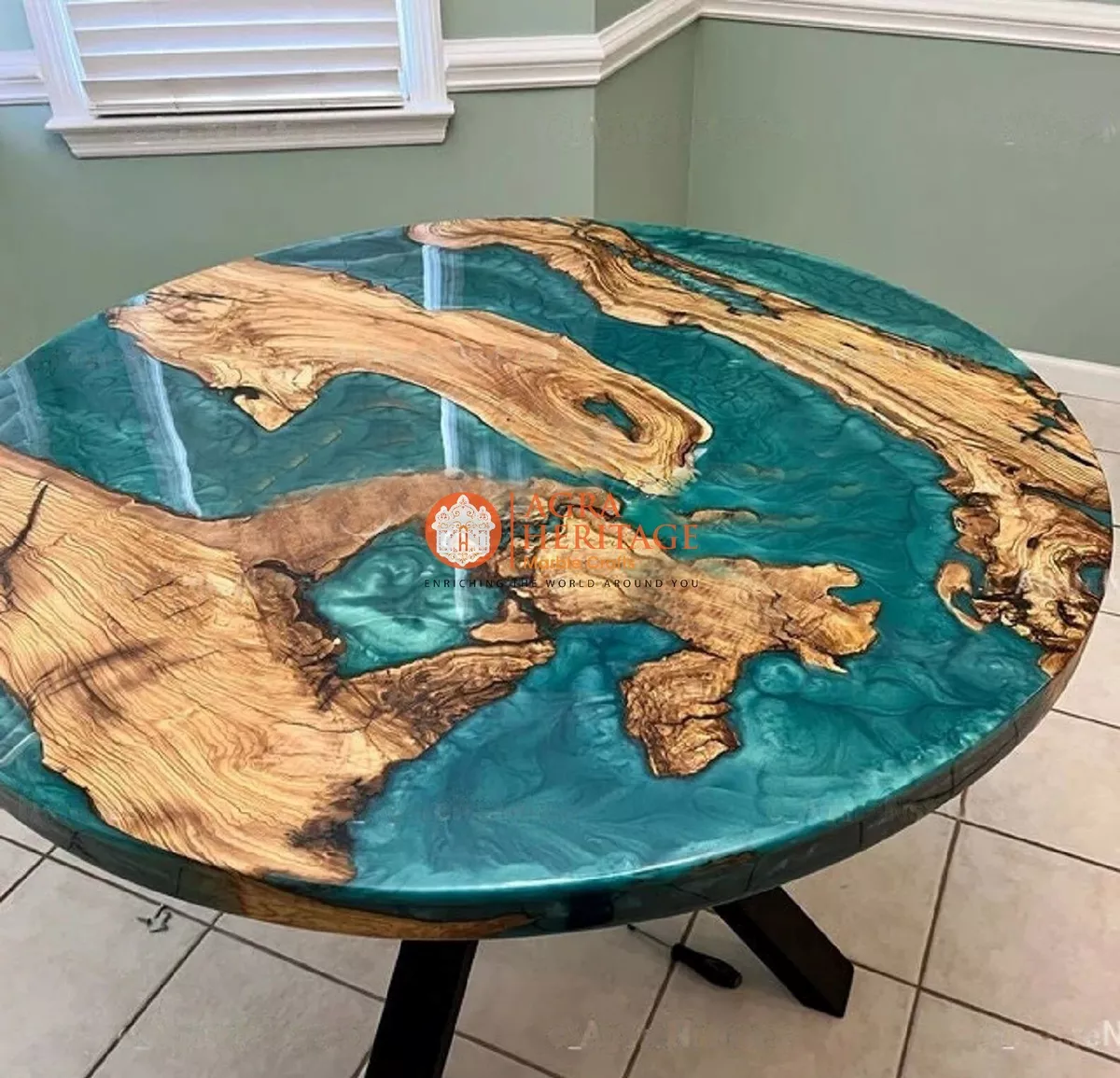 Round Wooden Epoxy Table Top in Green River Wooden Epoxy Table For Living Room