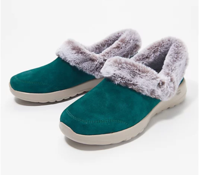 skechers go walk suede slip on shoes with faux fur