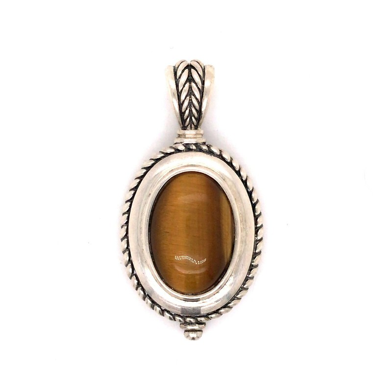Estate Sterling Silver Tiger Eye Oval Pendant Large Statement Jewelry