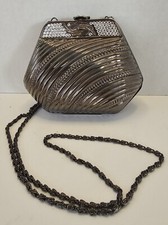 Vtg Beaded Rhinestone Silver Hard Shell Purse With Chain