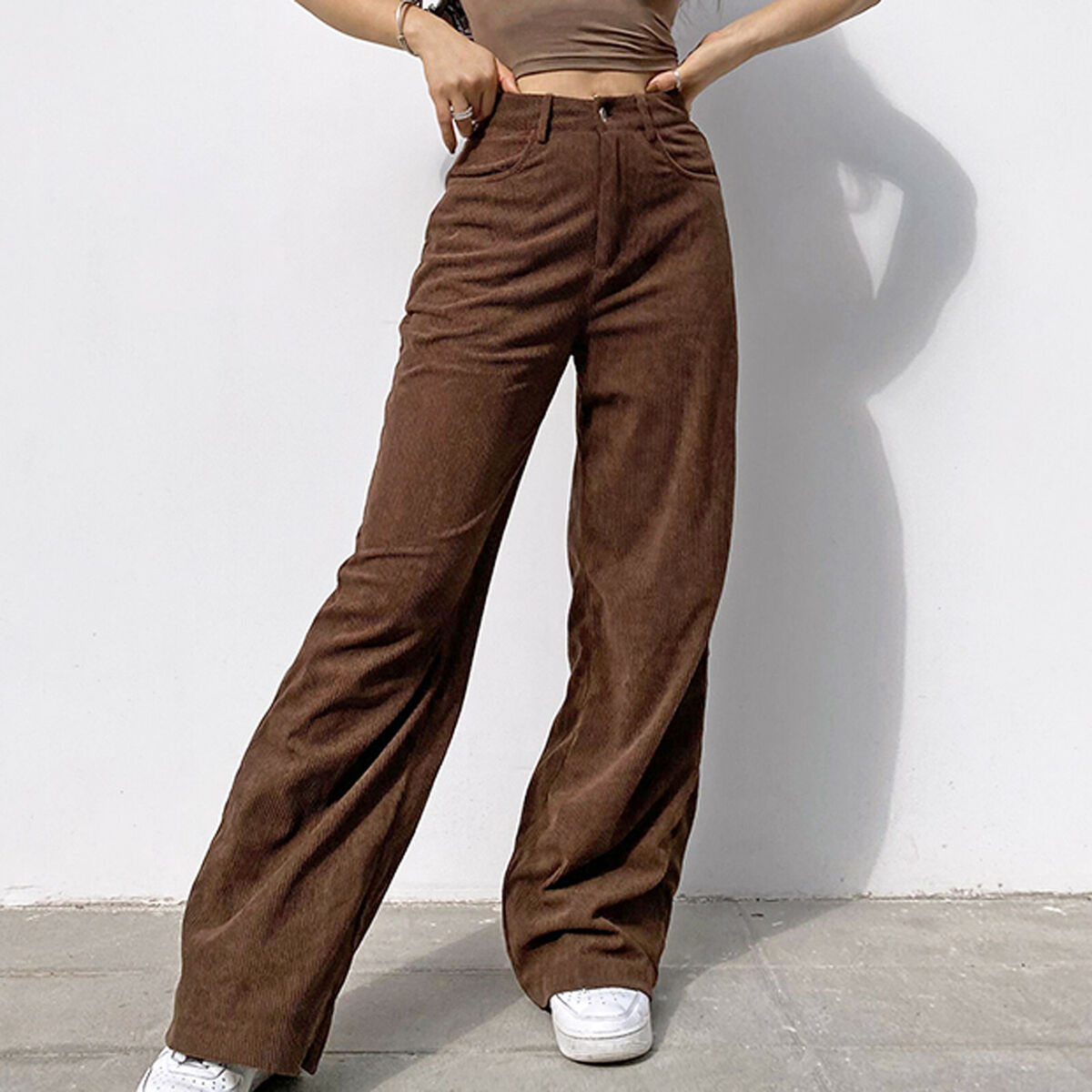 Women’s Solid Mid Waisted Wide Leg Corduroy Pants Straight Casual Baggy  Trousers