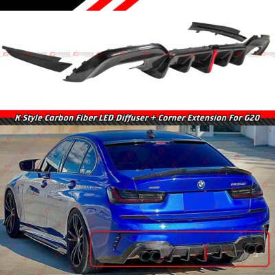 FOR 19-22 BMW G20 3 SERIES K STYLE CARBON FIBER LED REAR DIFFUSER+SIDE EXTENSION