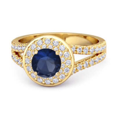 925 Sterling Silver Yellow Plated Round Blue Sapphire Beautiful Double Halo Ring